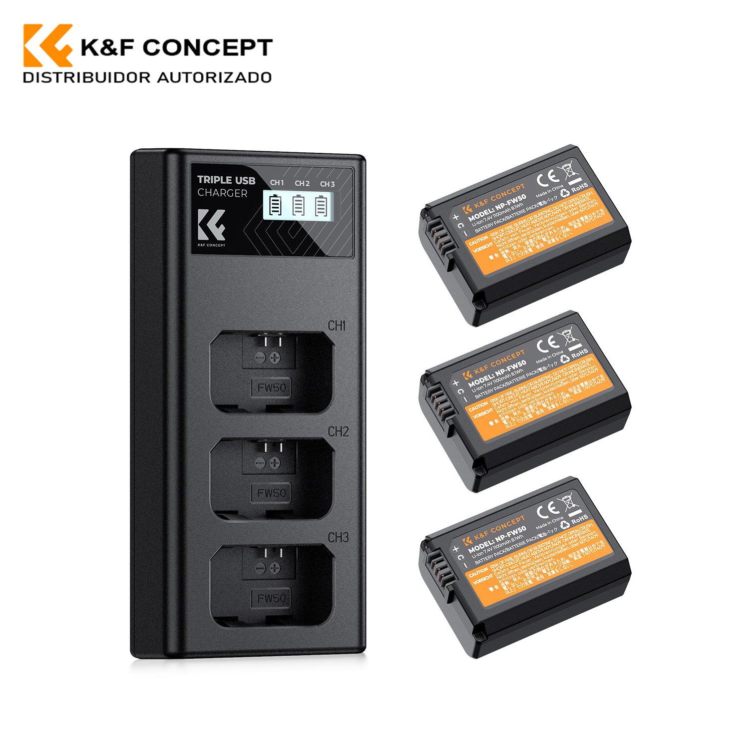 K&F Concept COMBO Kit DE 3 BATERÍAS FW50 + CARGADOR TRIPLE – ENERGÍA EXTRA PARA SONY