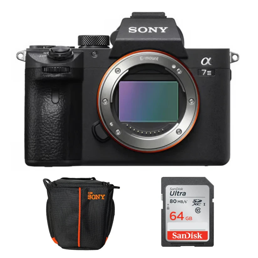 Combo Cámara Sony α7 III Mirrorless (Cuerpo) – Sensor Full Frame de 24.2 MP + Memoria 64GB + Estuche Profesional