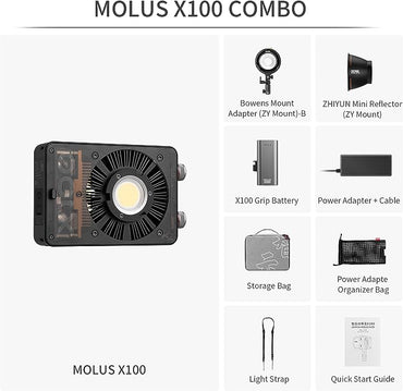 Zhiyun Molus X100 Combo – Kit Portátil de 100W Bicolor con Batería Grip y Maleta