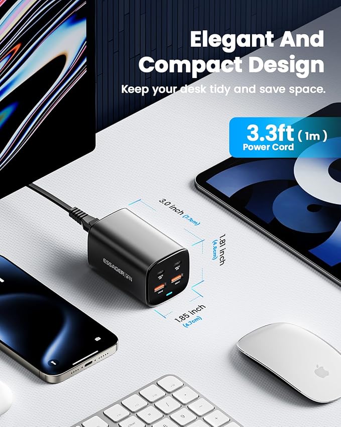 Adaptador de Corriente Essager 67W GaN | Cargador de Pared de Carga Rápida Ultra Compacto