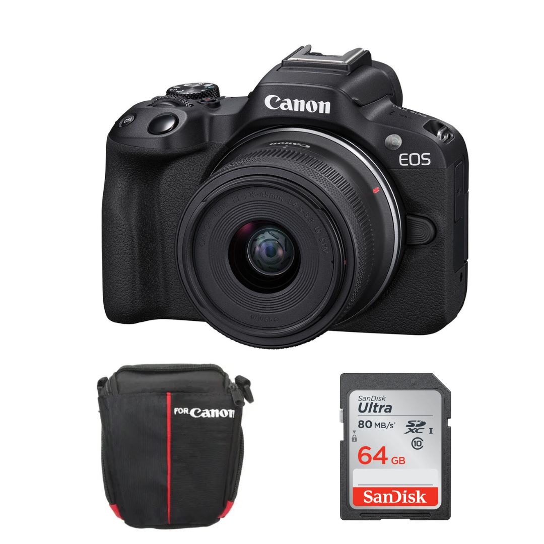 Cámara Canon EOS R50 Kit 18-45mm + Memoria 64GB Clase 10 + Estuche – EOA Tecnología