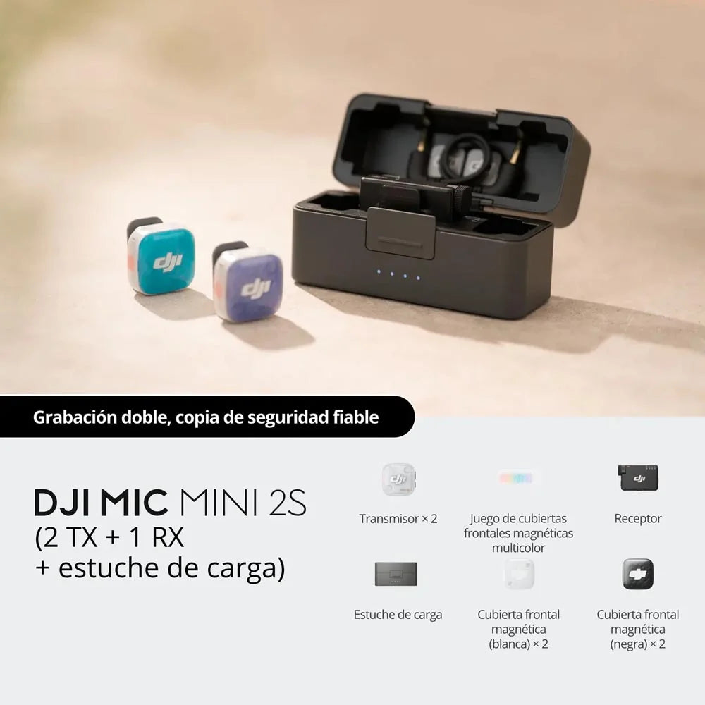 Sistema de Micrófonos Inalámbricos DJI Mic Mini 2S (2 TX + 1 RX + Estuche de Carga) – Audio Profesional 32-bit Float, Cancelación de Ruido por IA y Alcance de 400 m