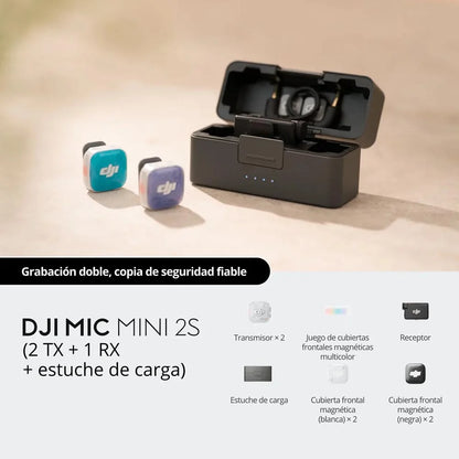 Sistema de Micrófonos Inalámbricos DJI Mic Mini 2S (2 TX + 1 RX + Estuche de Carga) – Audio Profesional 32-bit Float, Cancelación de Ruido por IA y Alcance de 400 m