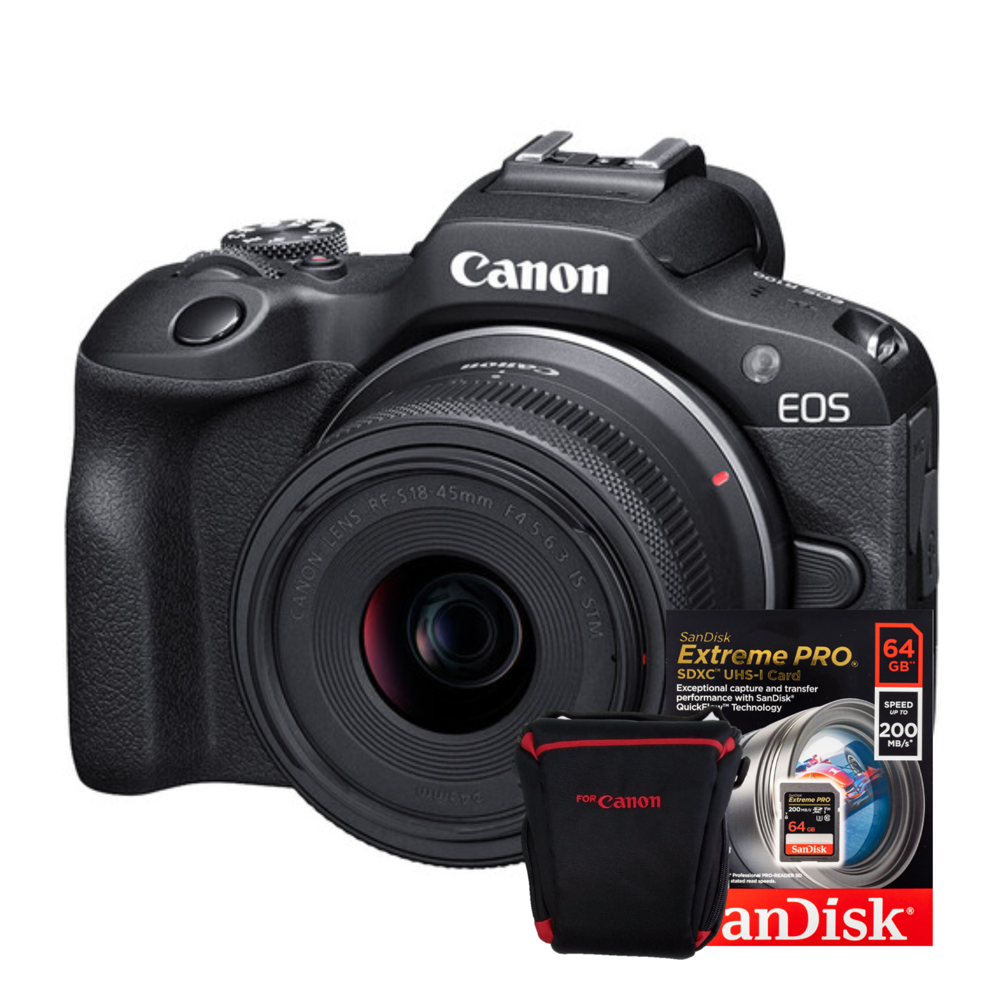 Combo Cámara Canon EOS R100 Mirrorless + Lente 18-45mm + Memoria 64GB + Estuche