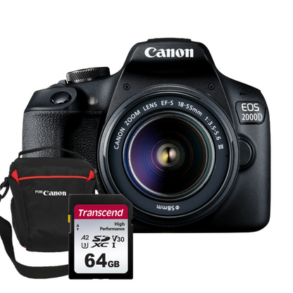 Cámara Canon EOS 2000D Kit 18-55mm IS II + Memoria de Alta Velocidad + Estuche Profesional