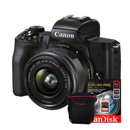 Combo Cámara Canon EOS M50 Mark II Kit 15-45 + Memoria 64GB + Estuche