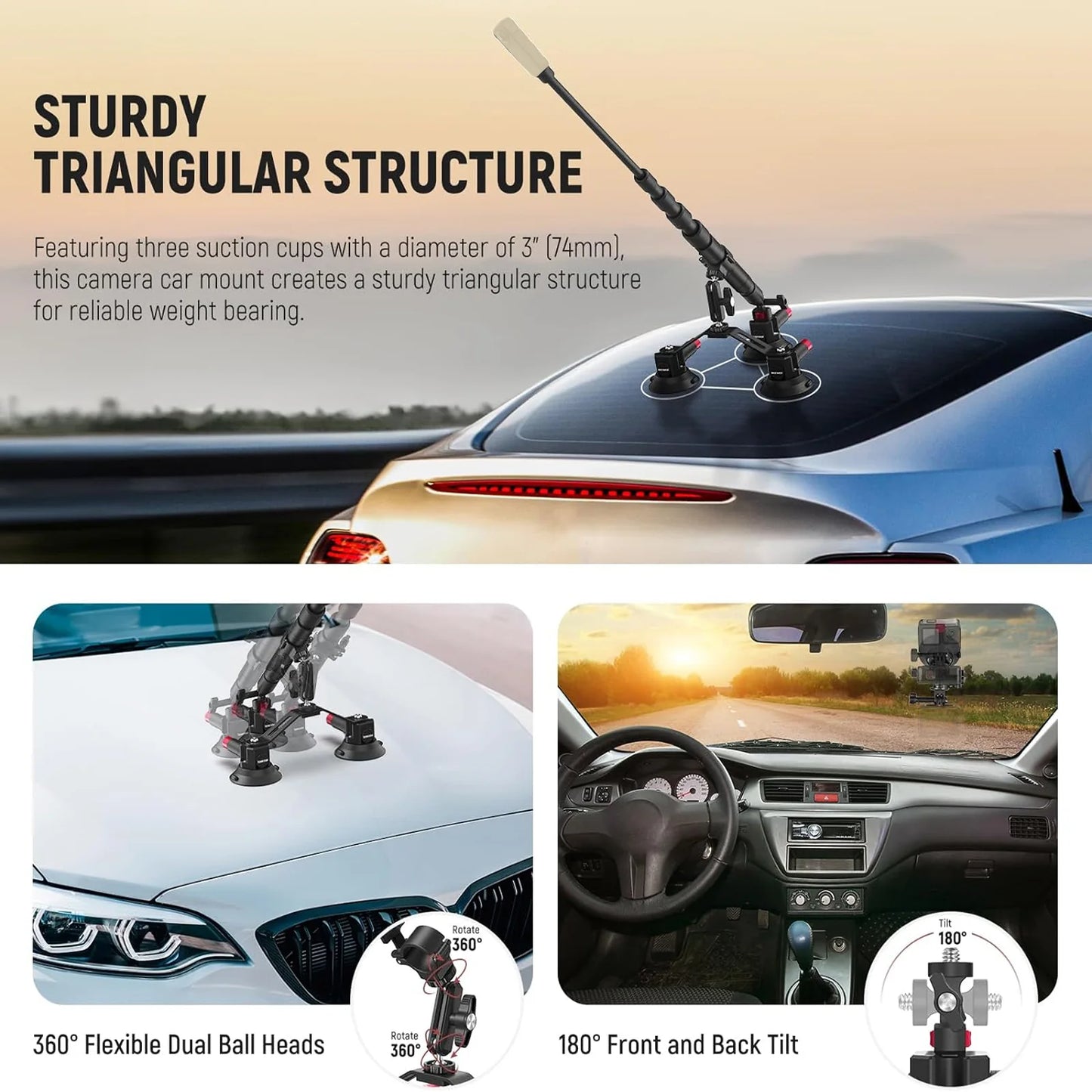 Insta360 Soporte Ventosa Triple para Carro Neewer CA065 – Montura Profesional para Cámaras