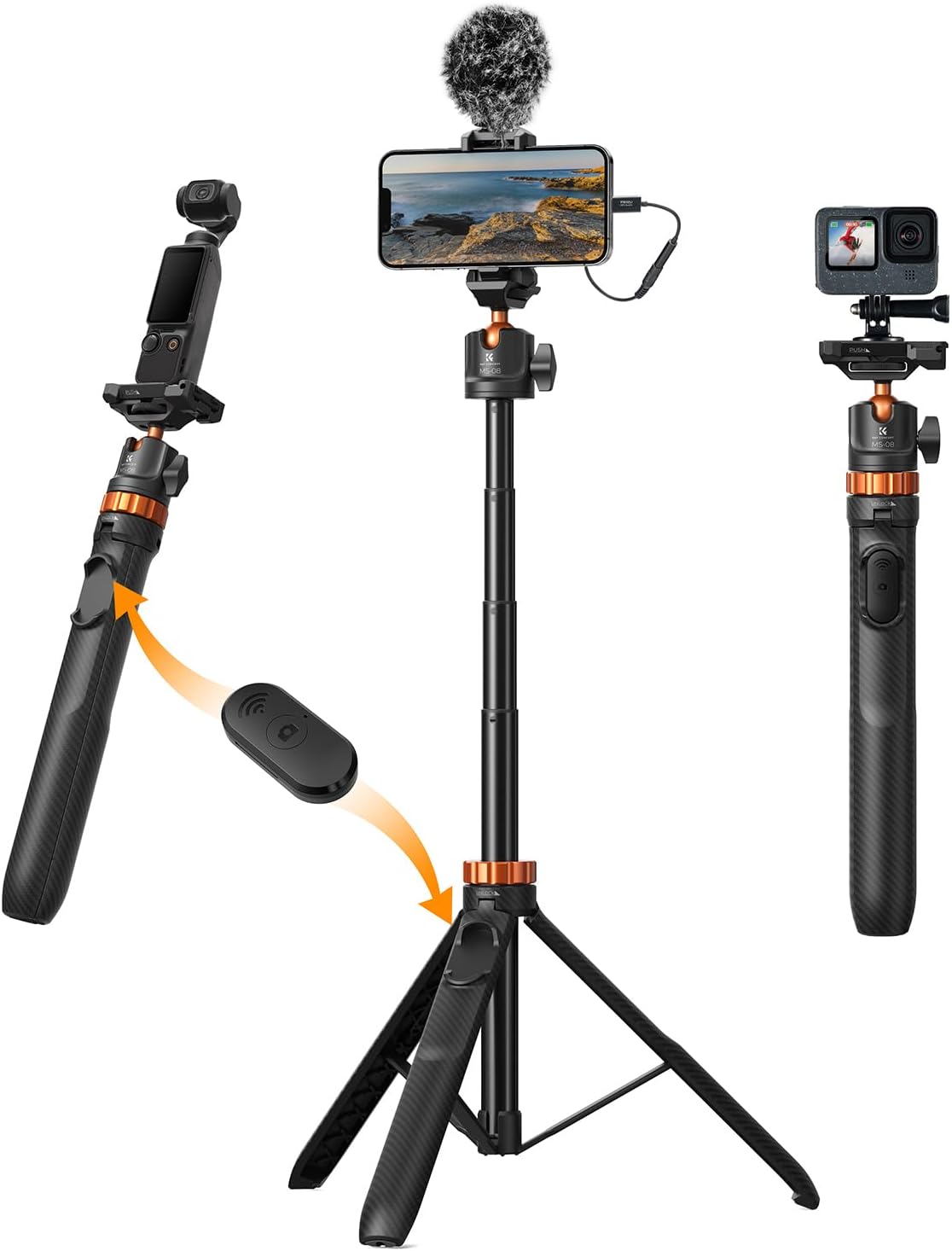 K&F Concept Trípode para Selfies con Teléfono MS08 – Selfie Stick con Control Bluetooth + Combo (Accesorios)