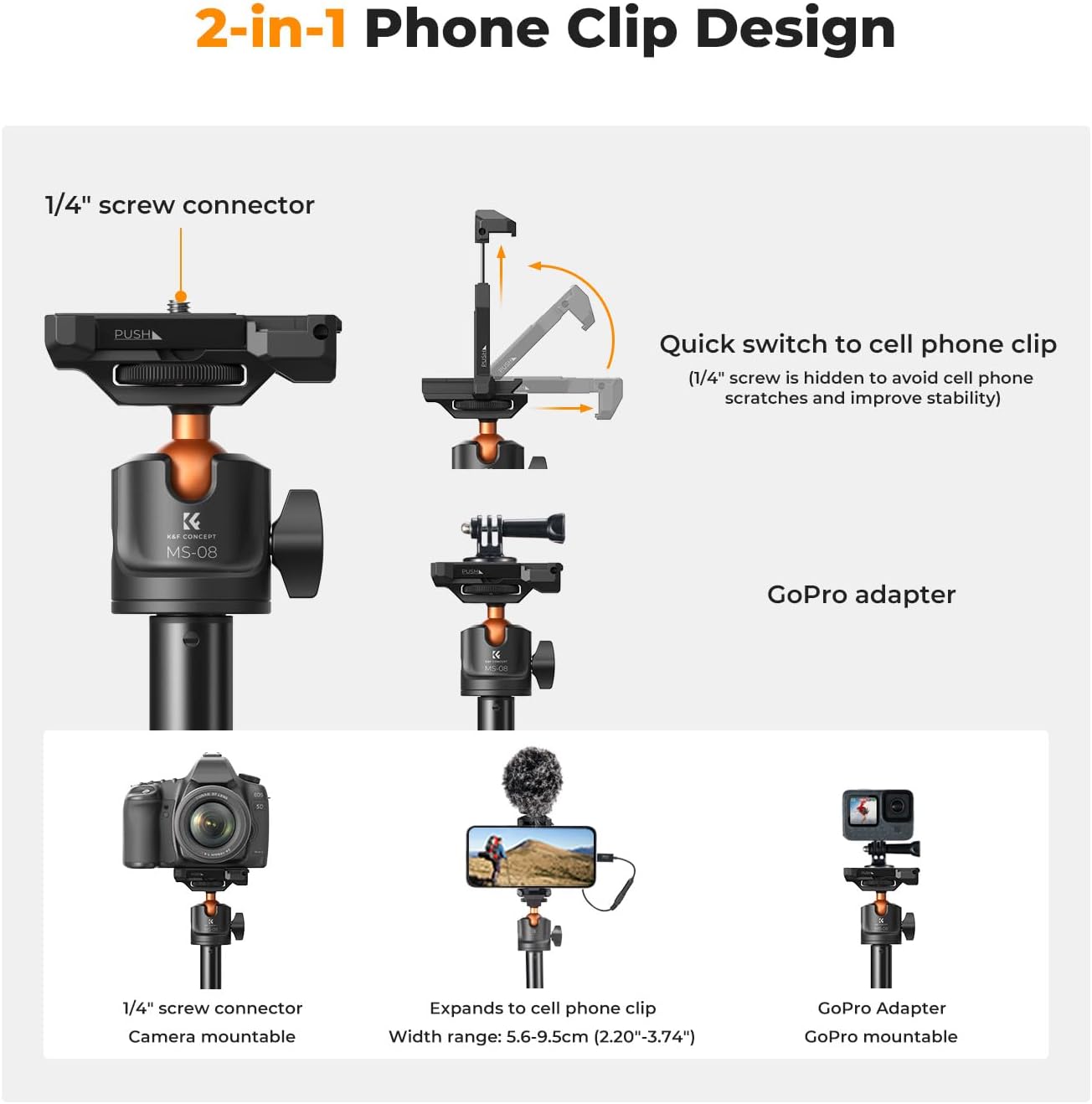 K&F Concept Trípode para Selfies con Teléfono MS08 – Selfie Stick con Control Bluetooth + Combo (Accesorios)
